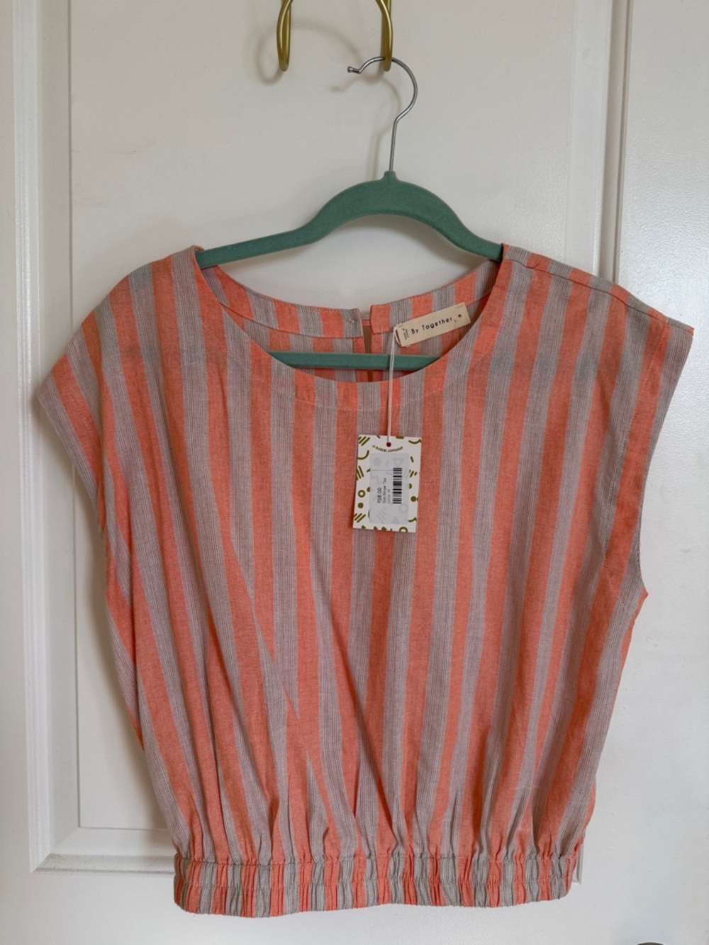 By Together Coral and Gray Striped Cap-Sleeve Top
